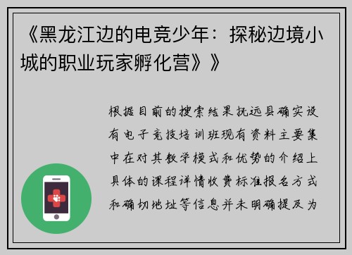 《黑龙江边的电竞少年：探秘边境小城的职业玩家孵化营》》