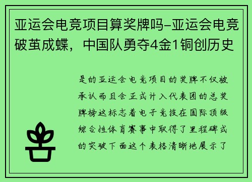 亚运会电竞项目算奖牌吗-亚运会电竞破茧成蝶，中国队勇夺4金1铜创历史